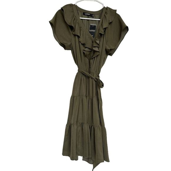 NWT Lauren Ralph Lauren Womens Olive Green Satin Ruffle Tiered Dress Size 4 - Picture 2 of 9